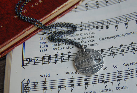 Customized Silver Sheet Music Necklace with Heart Cutout - You Name That Song