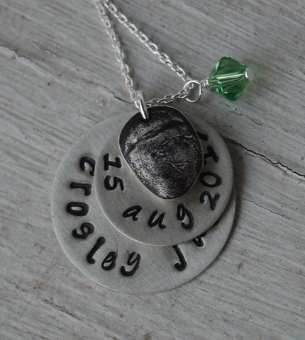 Custom Silver Fingerprint with TWO Handstamped Silver Discs - Includes Sterling Cable Chain