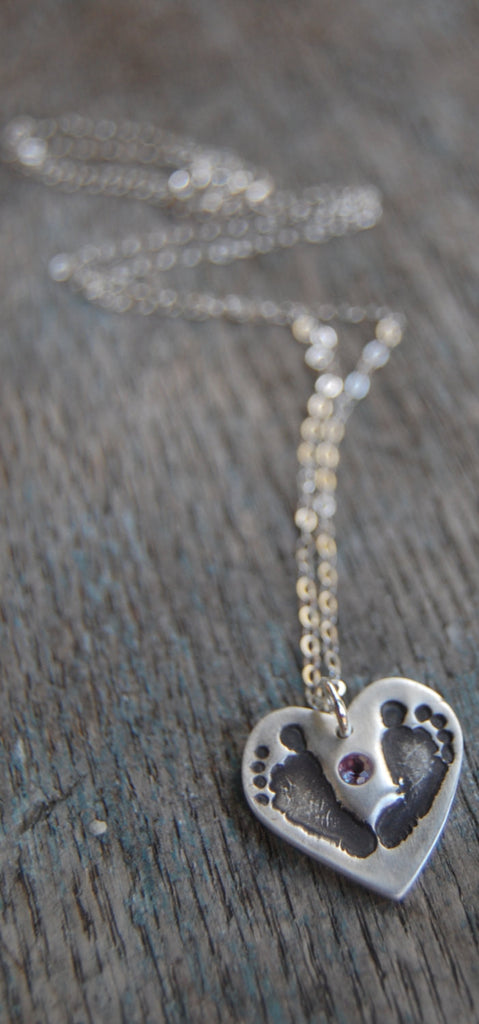 Little Piggy Customized Footprint Heart Necklace with Birthstone