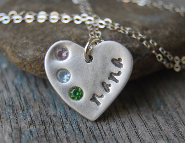 Custom Silver Mom or Grandma Necklace -:- Personalized with Hand-Stamping and Birthstones
