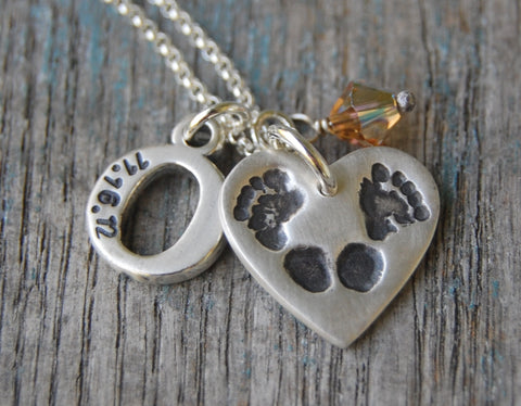 Custom Silver Footprint and Hand-Stamped Initial Necklace -:- Your Baby's Own Piggy Prints